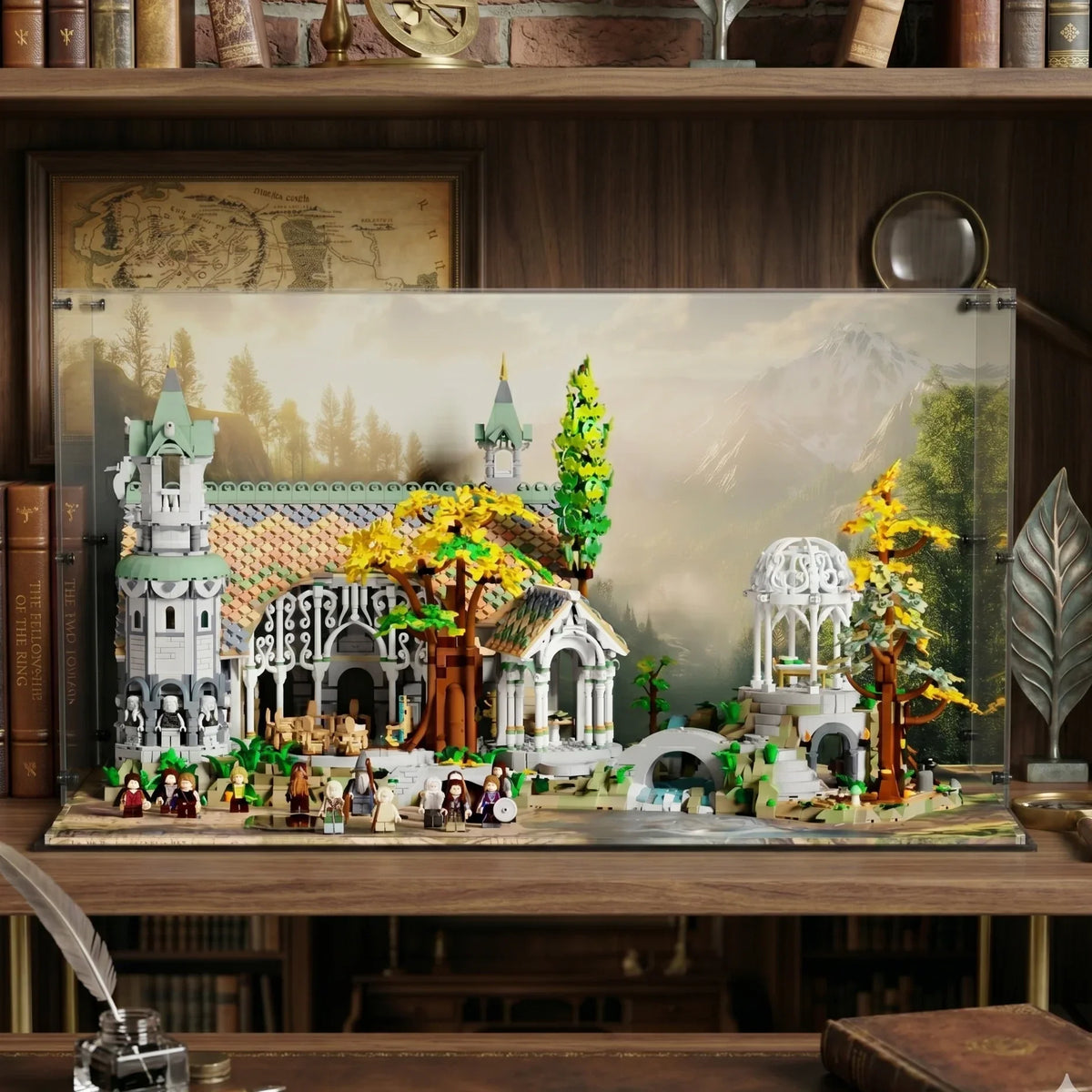 LEGO Rivendell 10316 in a clear display case with a landscape background