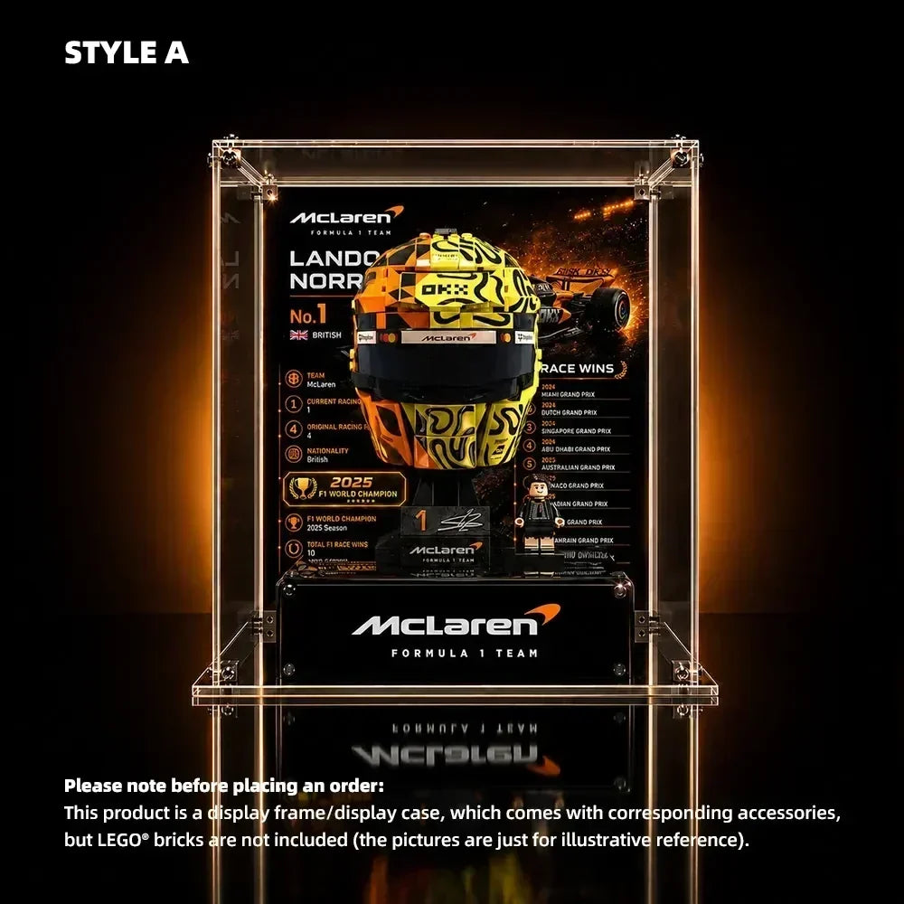 Lando Norris helmet in a transparent display enclosure with an illustrated McLaren background