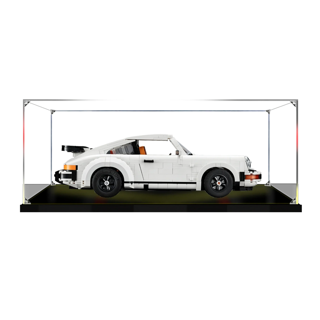 White LEGO Porsche 911 10295 inside a clear acrylic display case