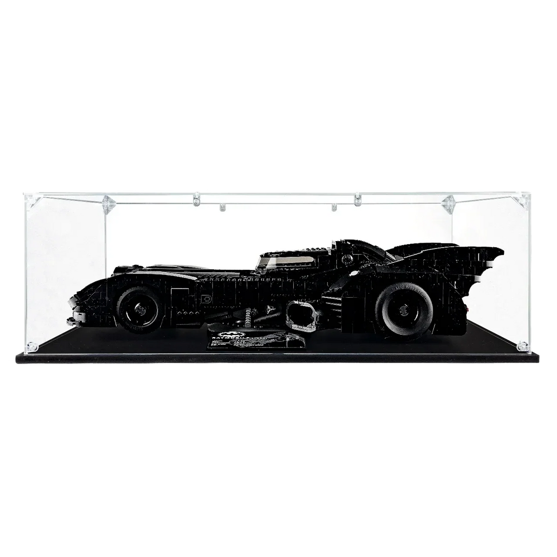 Black LEGO 1989 Batmobile 76139 displayed side-on in a clear case