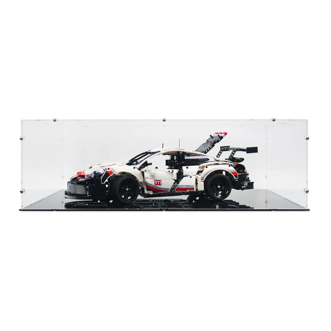 LEGO Porsche 911 RSR 42096 inside a clear acrylic display case