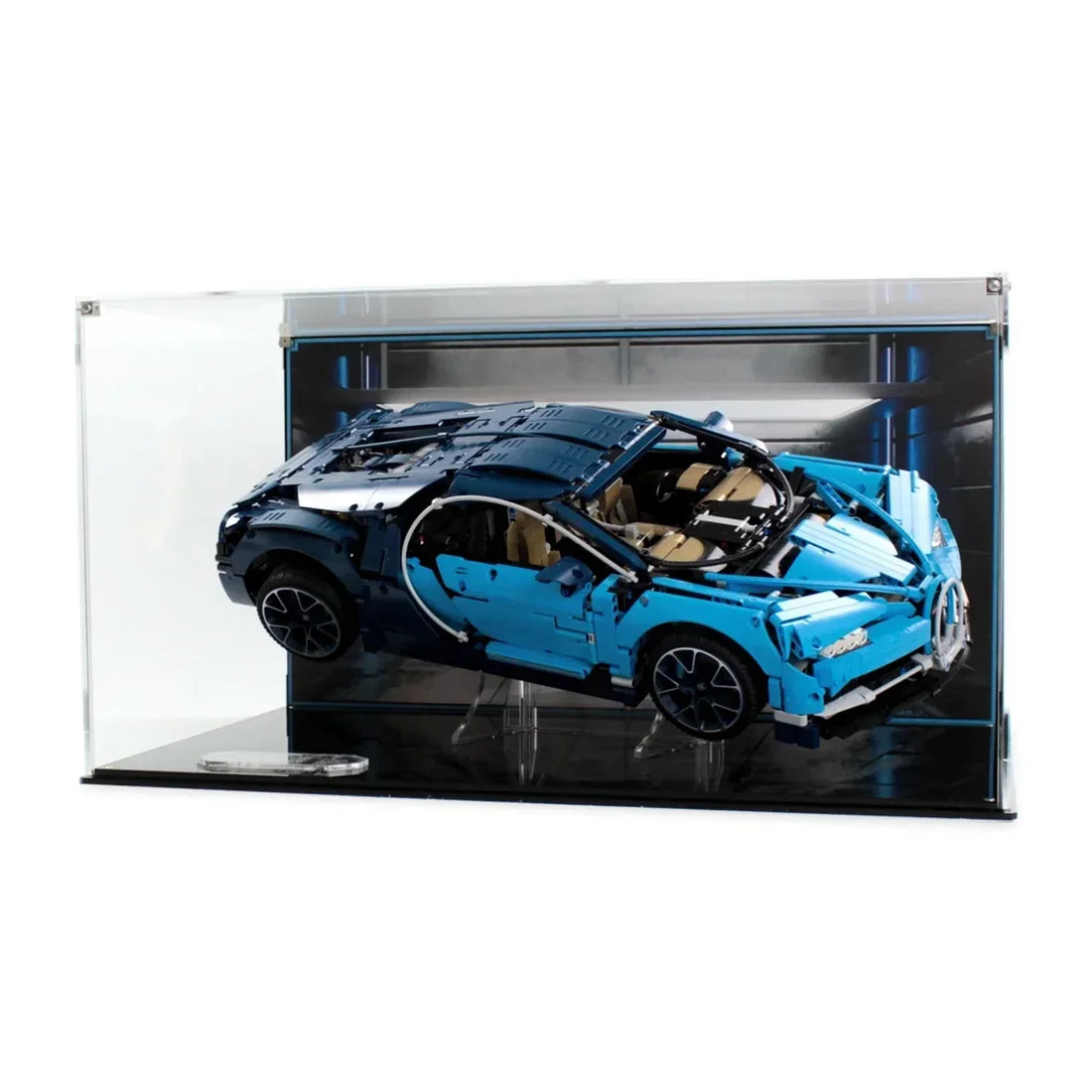 Blue LEGO Bugatti Chiron 42083 on an angled support inside a clear display case