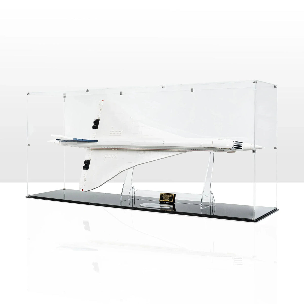 LEGO Concorde 10318 shown in a tabletop clear enclosure for display planning