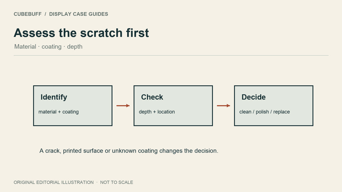 Assess the scratch first: Material · coating · depth. Illustration, not to scale.