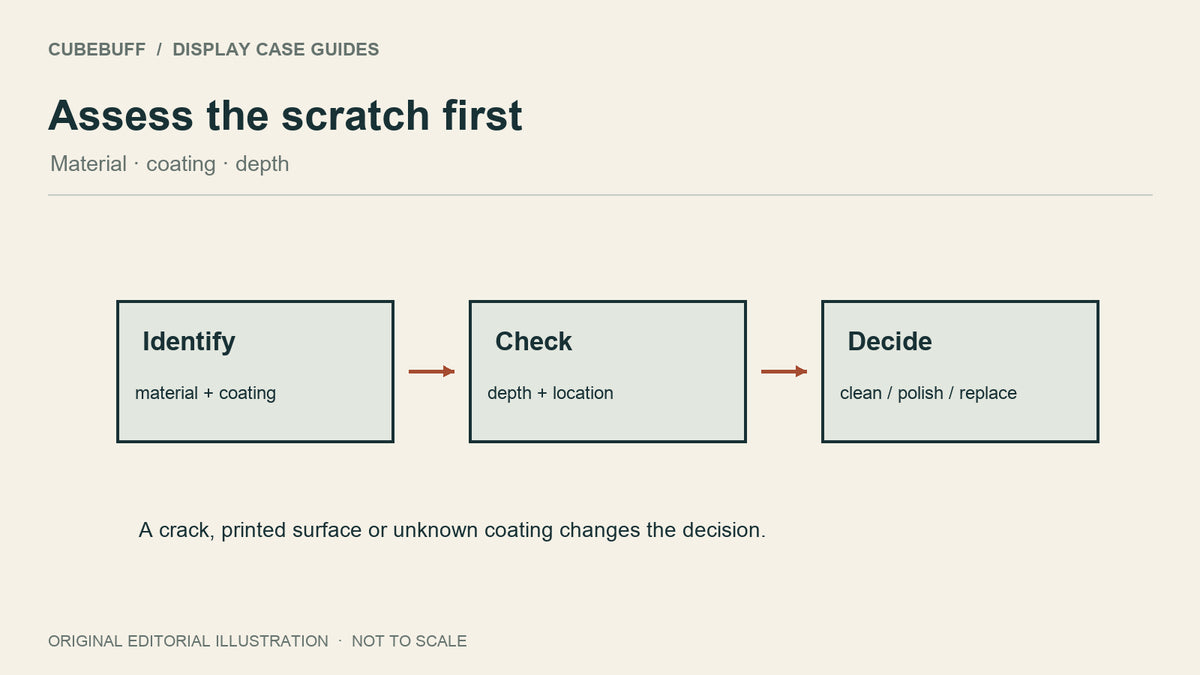 Assess the scratch first: Material · coating · depth. Illustration, not to scale.