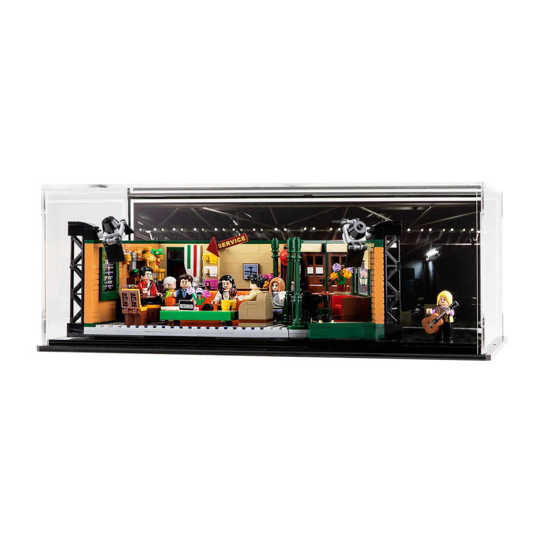 LEGO Central Perk 21319 with its sofa, counter and figures inside a clear case