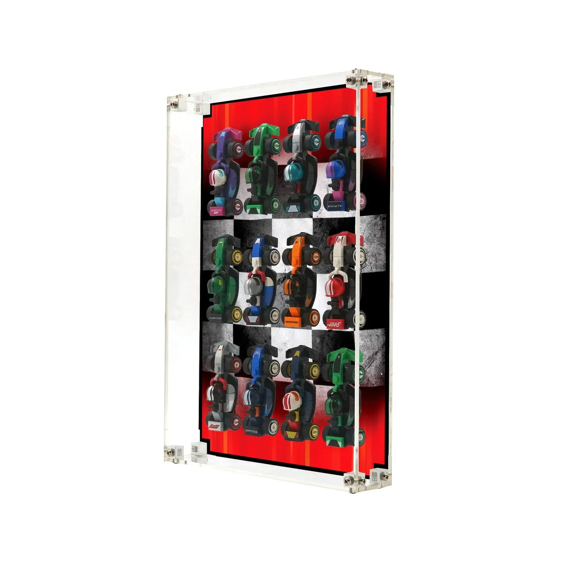 LEGO F1 Collectible Race Cars 71049 arranged vertically in a red-and-black framed grid display