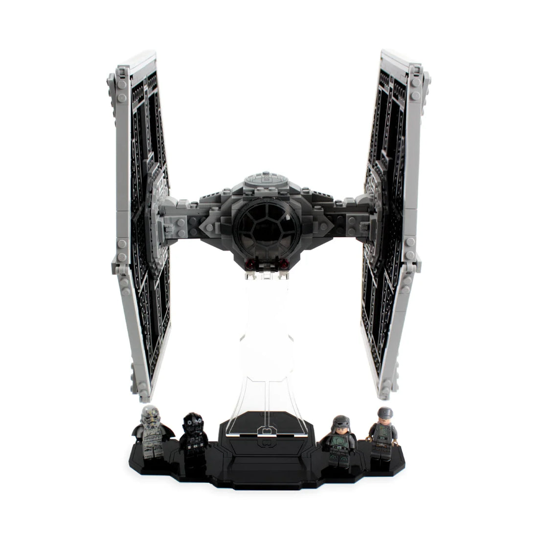 LEGO Imperial TIE Fighter 75211 raised on a clear stand with its cockpit visible between two wing panels