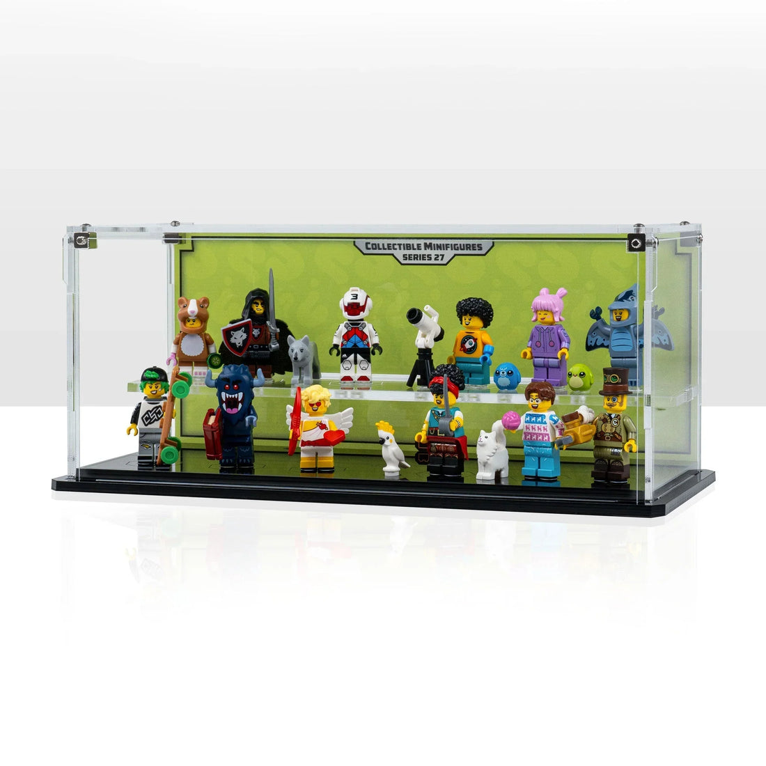 LEGO Minifigures Series 27 71048 arranged in two rows in a green-background display case