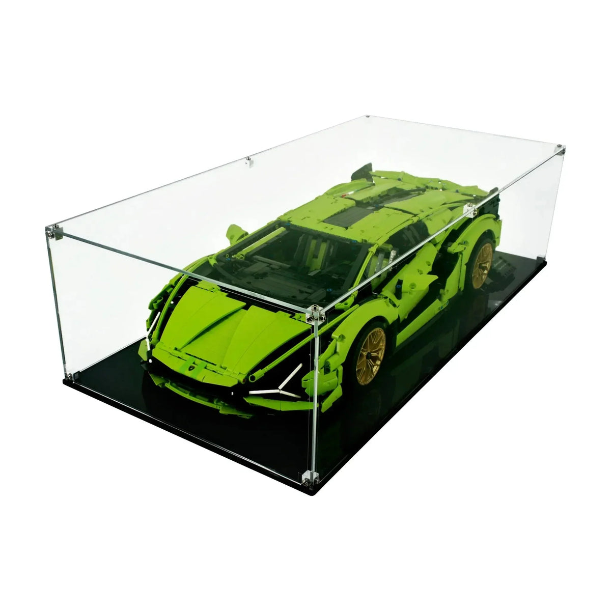 LEGO Lamborghini Sian FKP 37 42115 in a clear case viewed from the front corner
