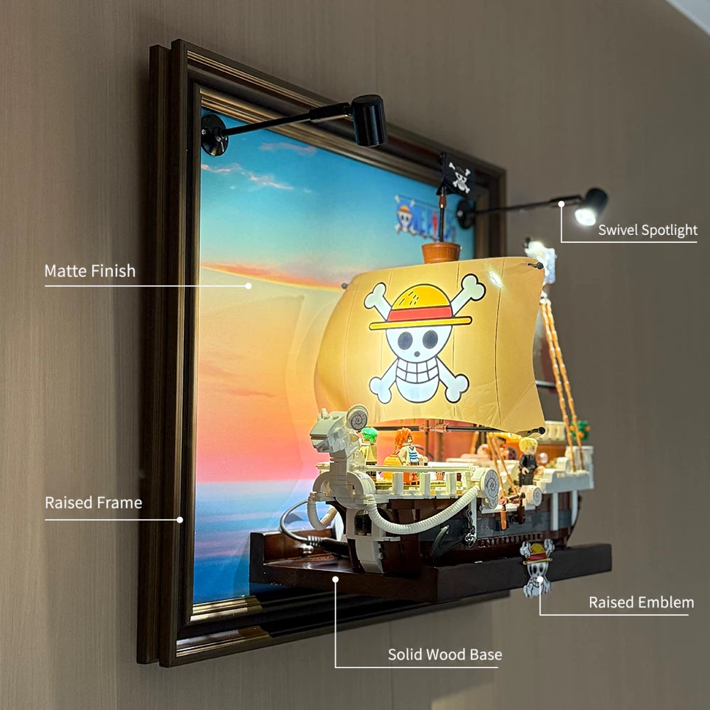 English feature labels for the Going Merry wall frame, raised emblem and swivel spotlight