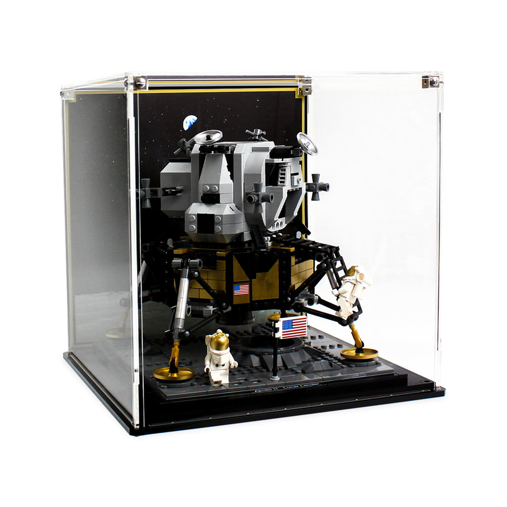 Angled view of Apollo 11 Lunar Lander 10266 inside the printed background case