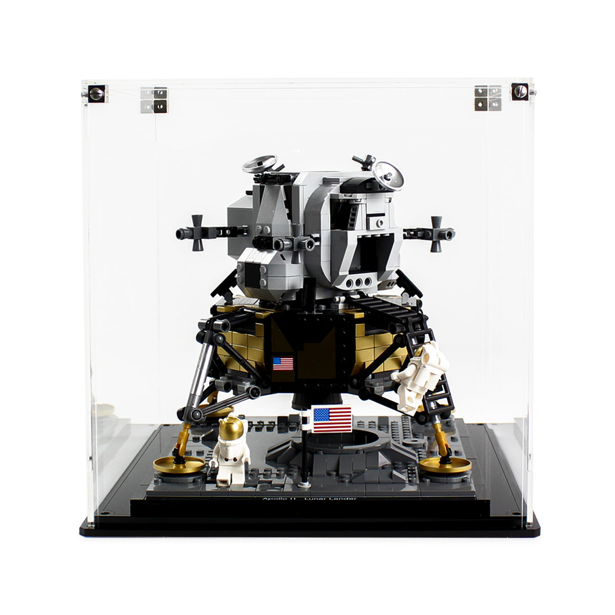 Front view of Apollo 11 Lunar Lander 10266 inside the clear background case