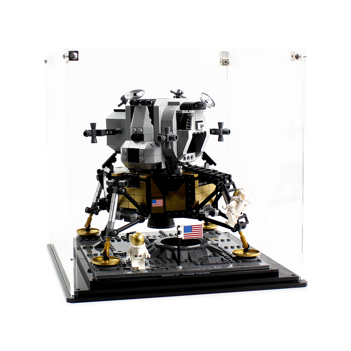 Angled view of the Apollo 11 Lunar Lander 10266 in the clear display case