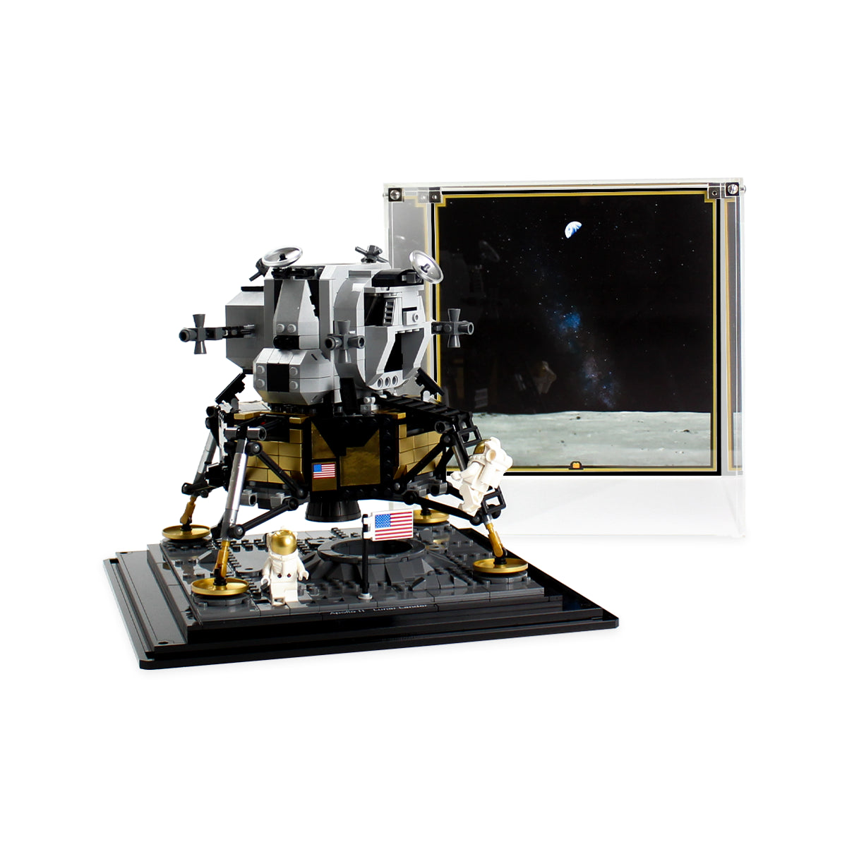 Apollo 11 10266 model on its base with the printed background cover lifted away