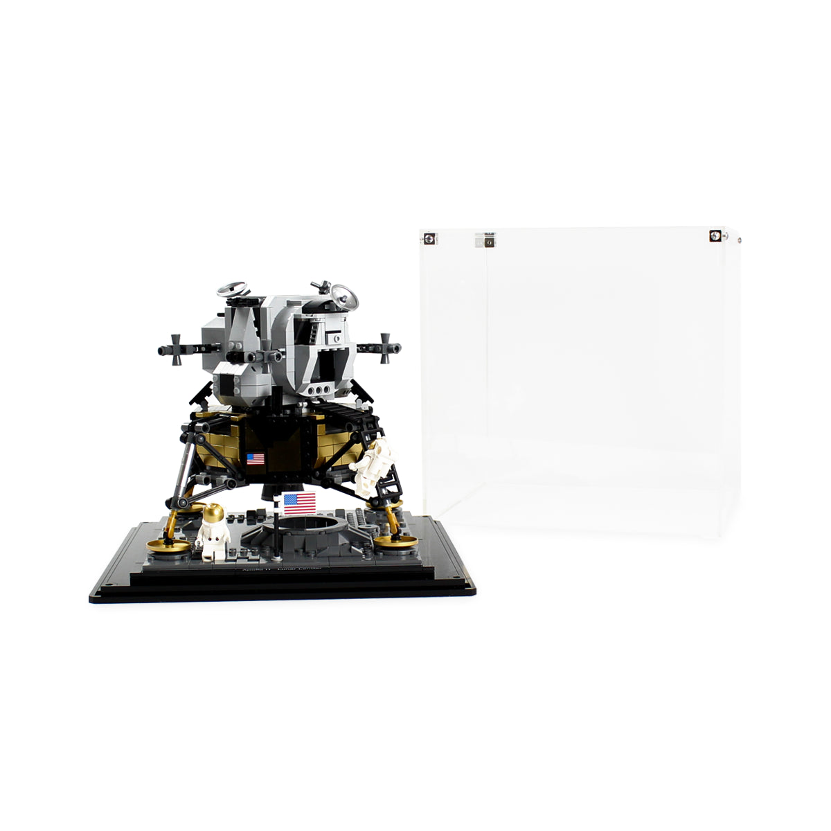 Apollo 11 10266 model and base beside the removed clear acrylic cover