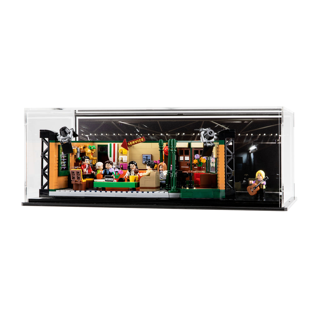 LEGO Central Perk 21319 in an acrylic display case with a studio background
