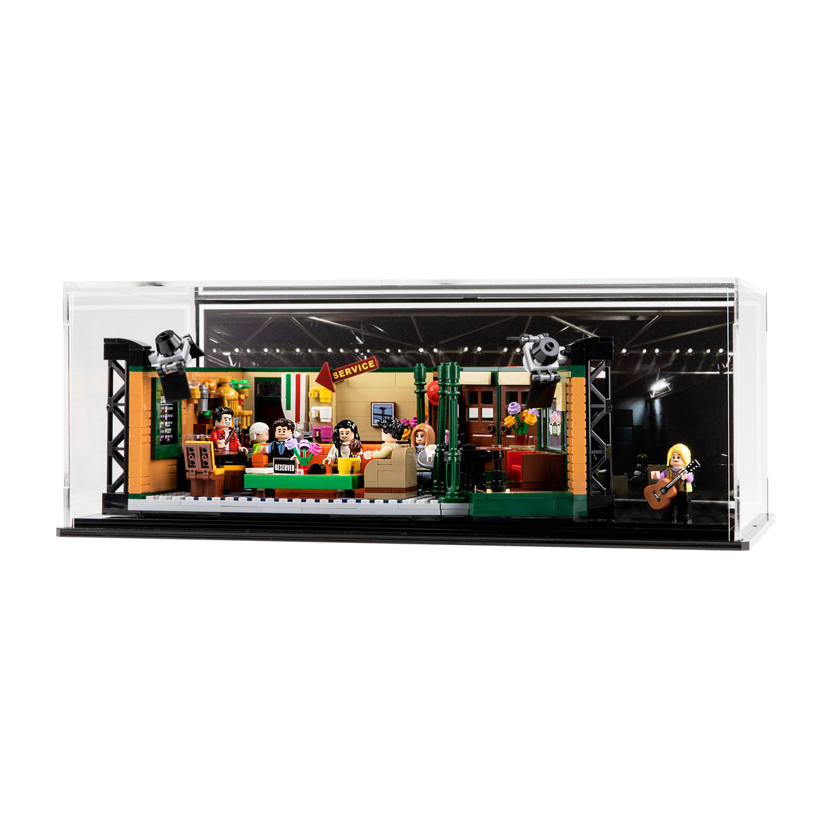 LEGO Central Perk 21319 in an acrylic display case with a studio background