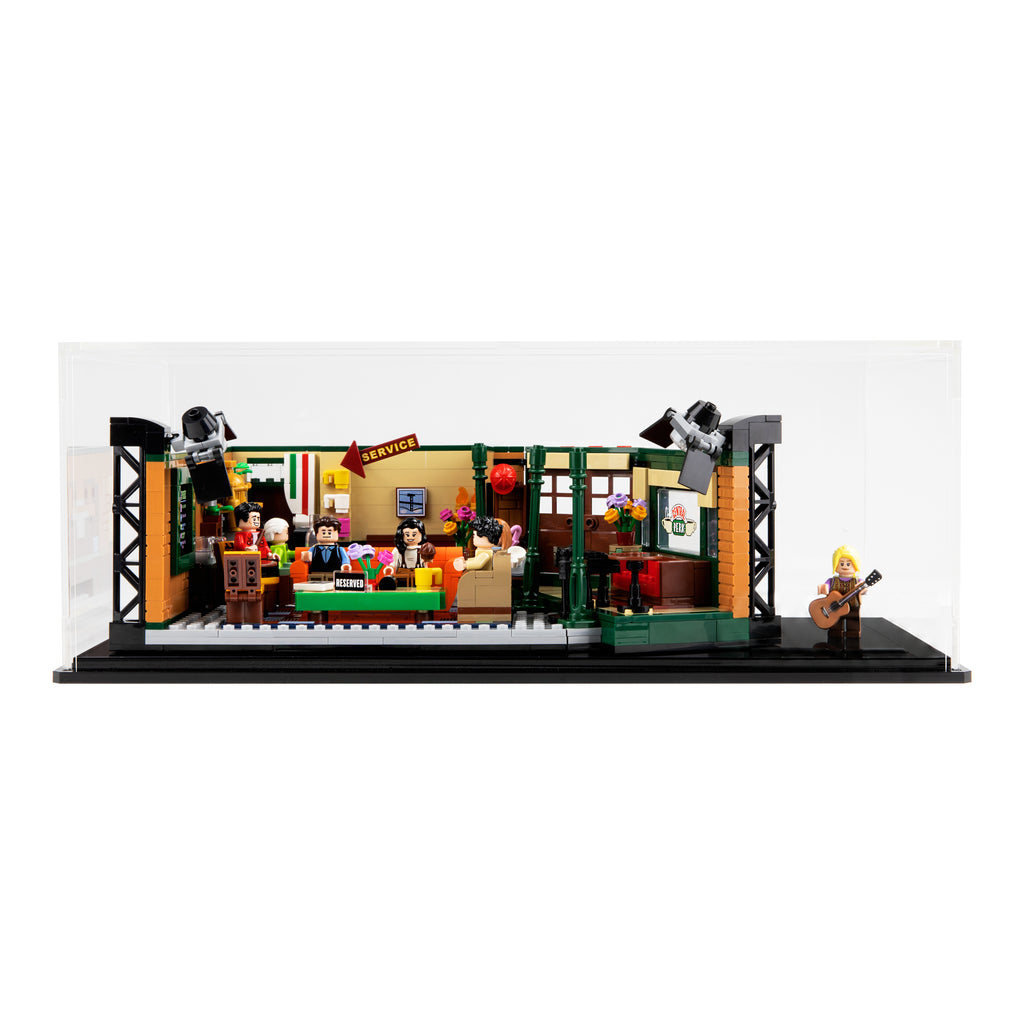 Front view of LEGO Central Perk 21319 inside the clear background case