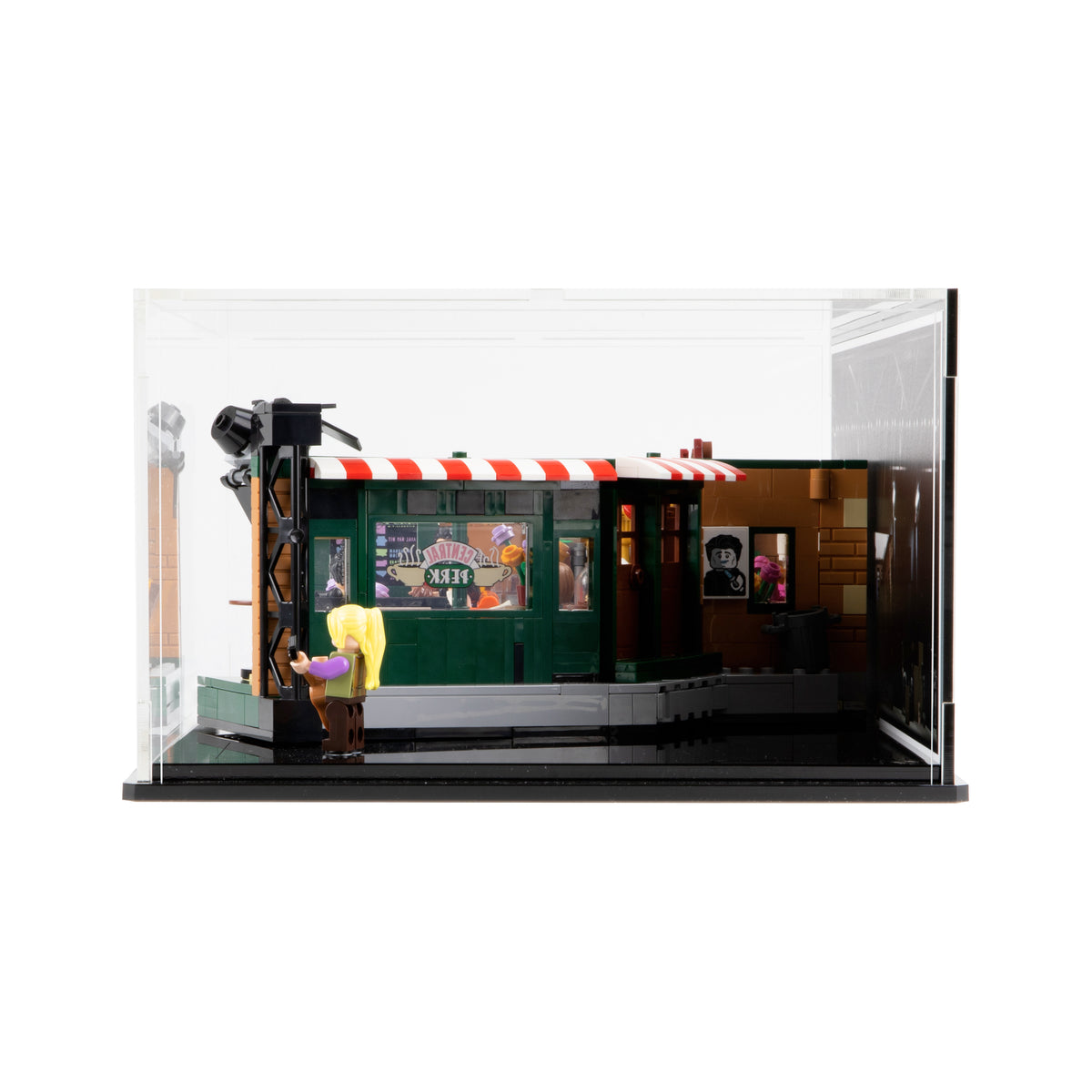 Rear view of the Central Perk 21319 cafe through the acrylic display case