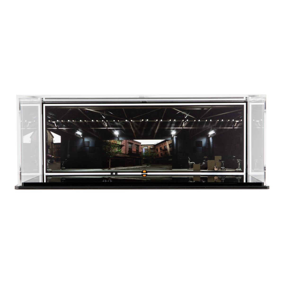 Empty Central Perk 21319 display case showing the printed studio background