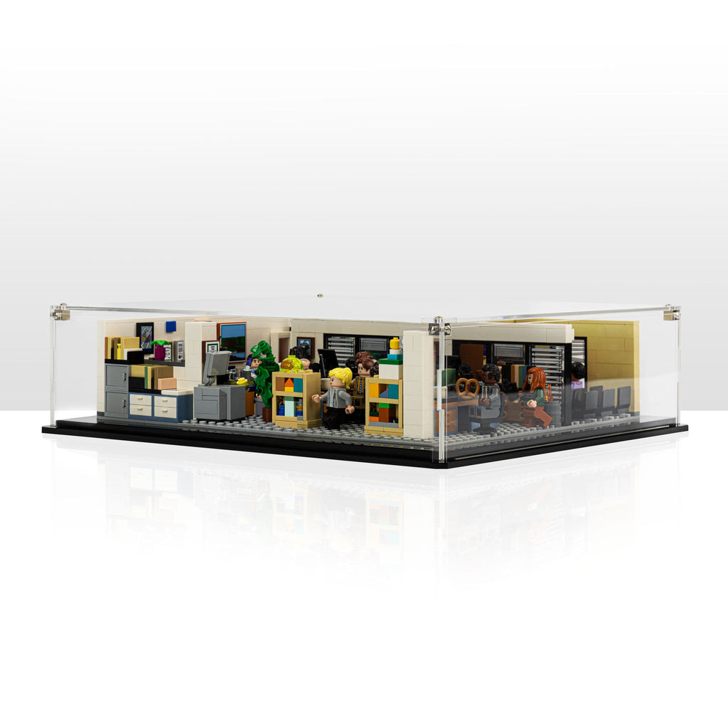 Low front angle of The Office 21336 display case with the completed office scene
