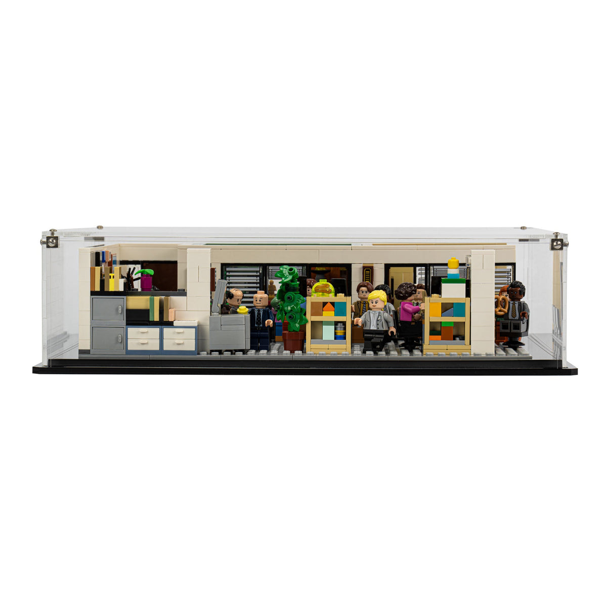 Front view of The Office 21336 set through the clear case panels