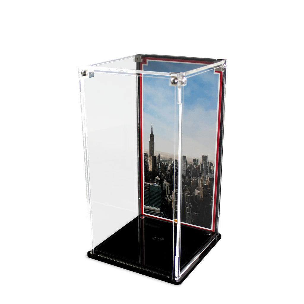 Empty LEGO 40334 display case with a city skyline background and black base