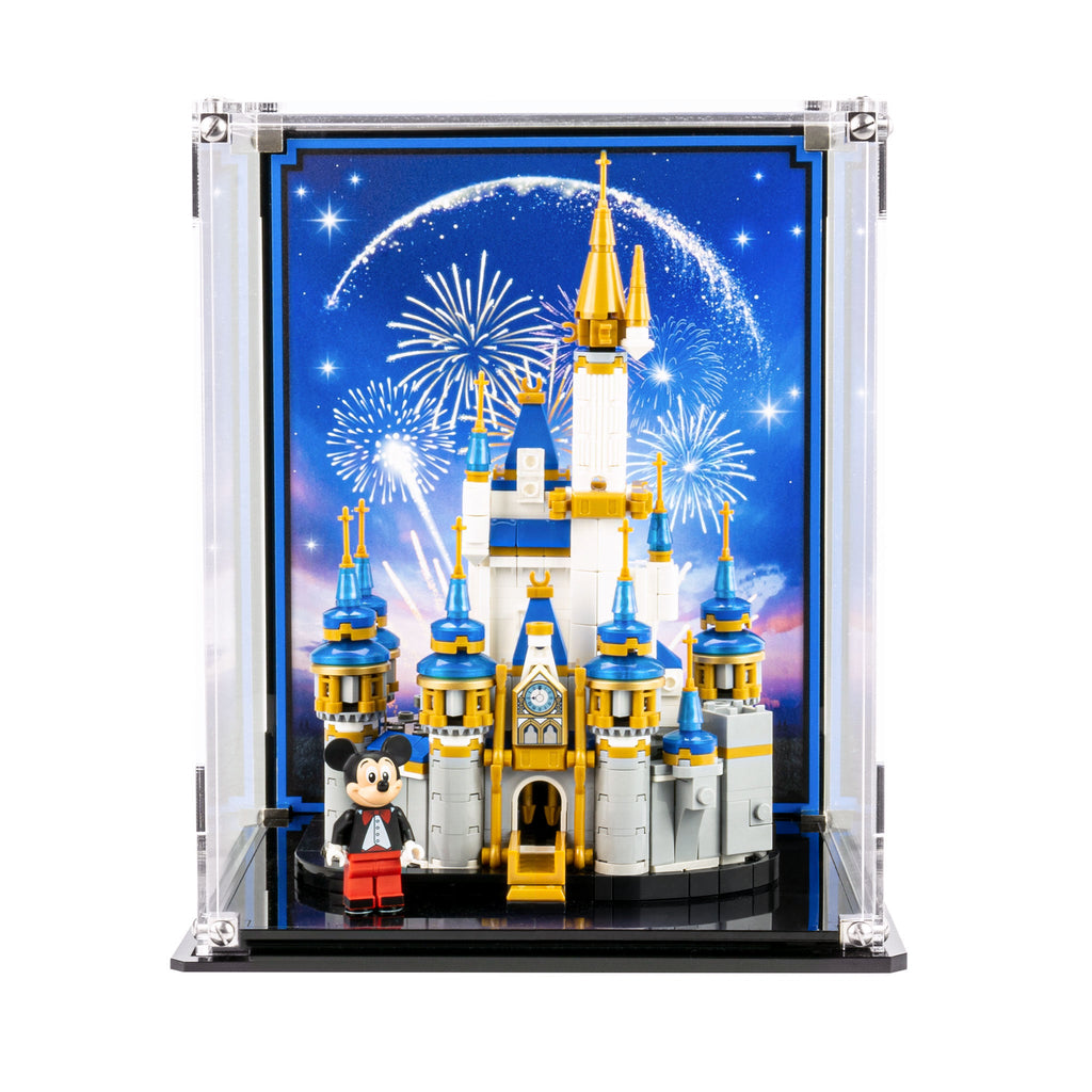 LEGO Mini Disney Castle 40478 in an acrylic case with a blue fireworks background