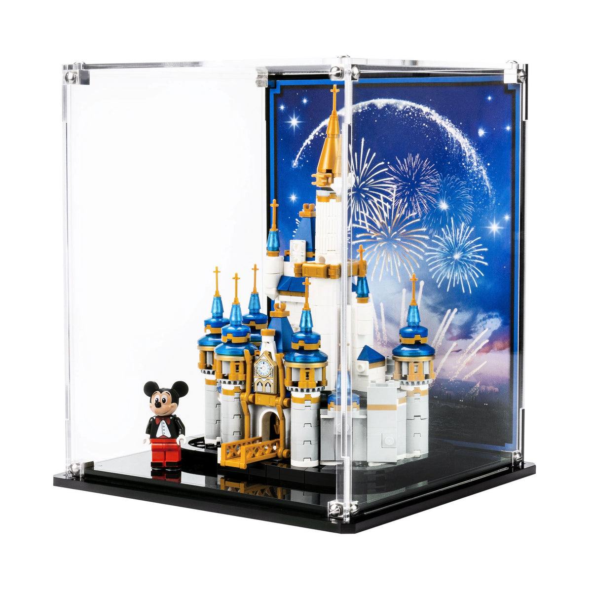Angled view of Mini Disney Castle 40478 and Mickey in the fireworks background case