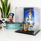 Mini Disney Castle 40478 display case arranged beside other Disney collectibles