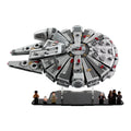 LEGO Millennium Falcon 75105 tilted on a clear stand above the minifigure base