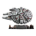 LEGO Millennium Falcon 75105 tilted on a clear stand above the minifigure base