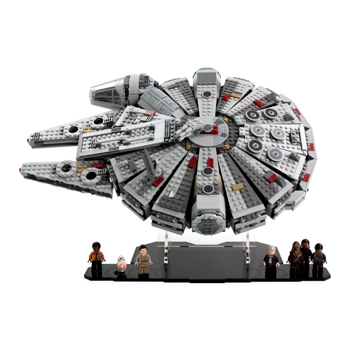 LEGO Millennium Falcon 75105 tilted on a clear stand above the minifigure base