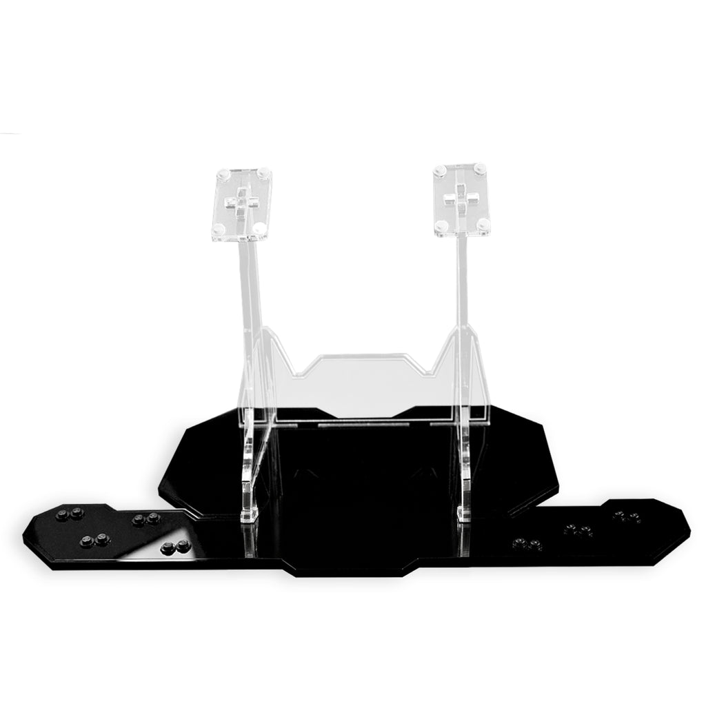 Empty LEGO 75105 display stand showing two clear supports and black minifigure base