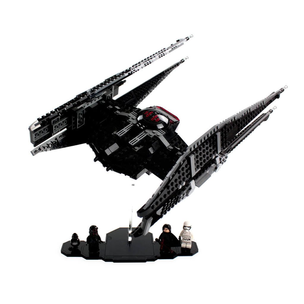 LEGO TIE Silencer 75179 angled on a clear display stand with a black minifigure base