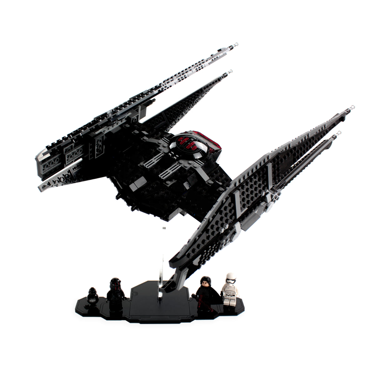 LEGO TIE Silencer 75179 angled on a clear display stand with a black minifigure base
