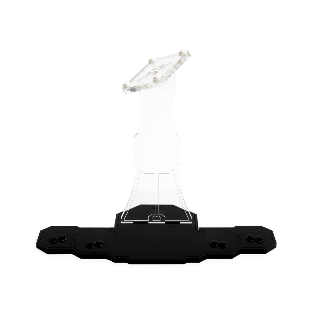 Empty angled display stand for LEGO 75179 with a clear support and black minifigure base