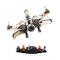 LEGO X-wing Starfighter 75218 tilted on a clear display stand with minifigures