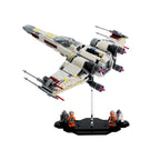 Alternate angle of LEGO X-wing Starfighter 75218 above the black minifigure base