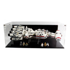 LEGO Tantive IV 75244 inside a clear display case with a black background and minifigures