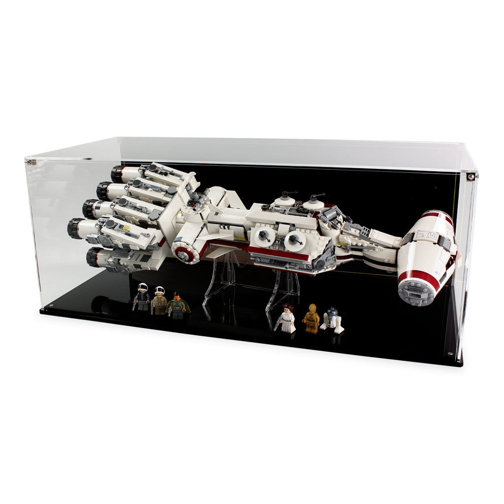 Angled view of LEGO Tantive IV 75244 in the clear case with a black background