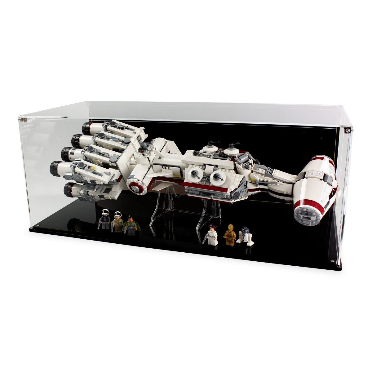 Angled view of LEGO Tantive IV 75244 in the clear case with a black background