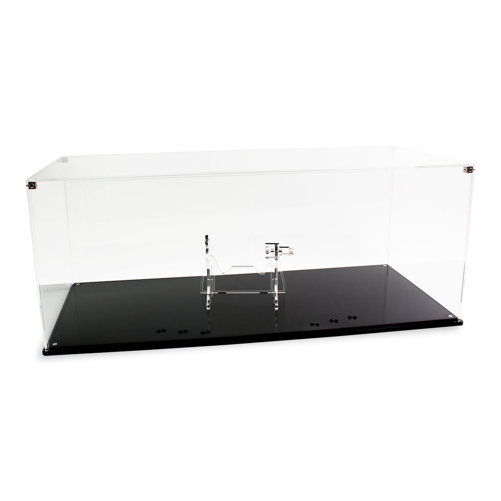 Empty clear display case for LEGO 75244 showing internal supports and a black base