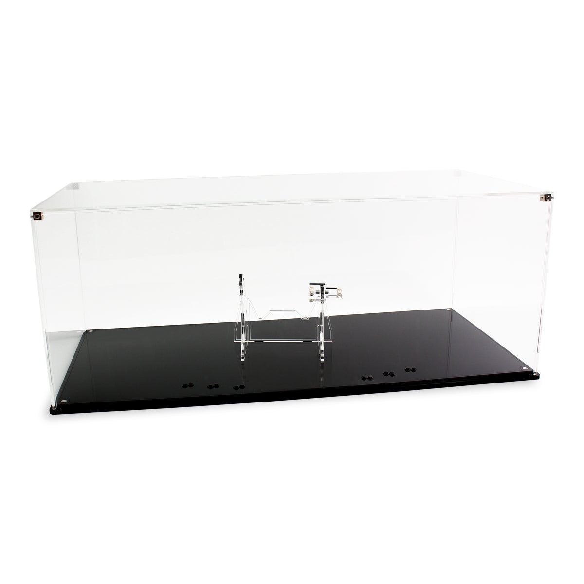 Empty clear display case for LEGO 75244 showing internal supports and a black base
