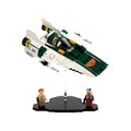 Green and white LEGO A-wing 75248 angled above a black display base with two minifigures