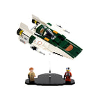 Green and white LEGO A-wing 75248 angled above a black display base with two minifigures