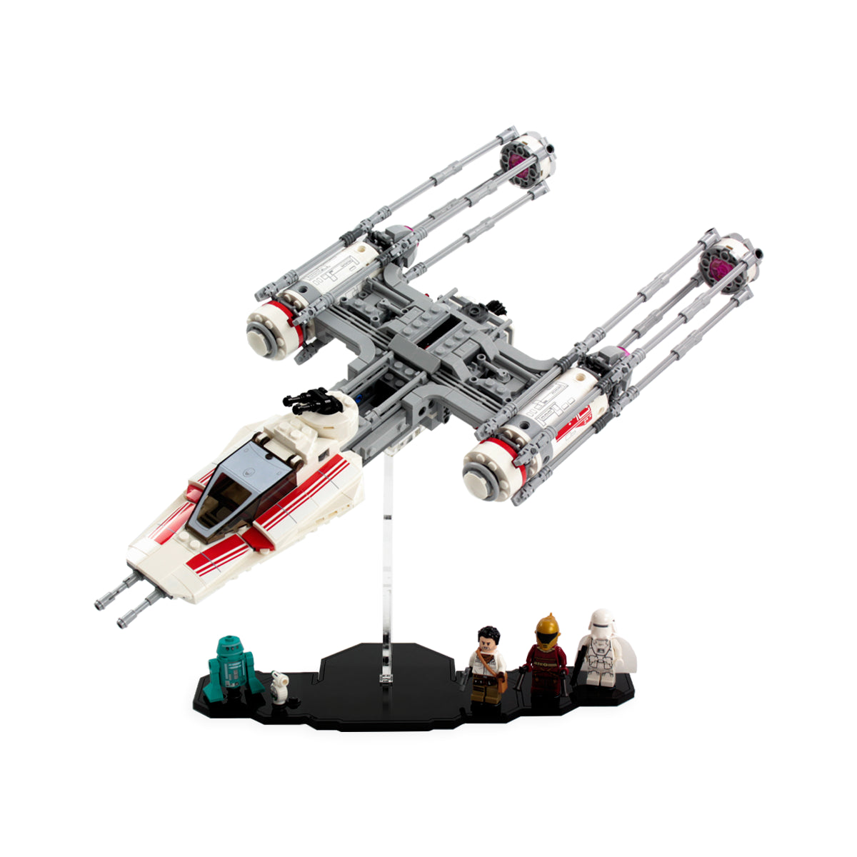 Alternate angled view of LEGO Y-wing 75249 on its clear display stand