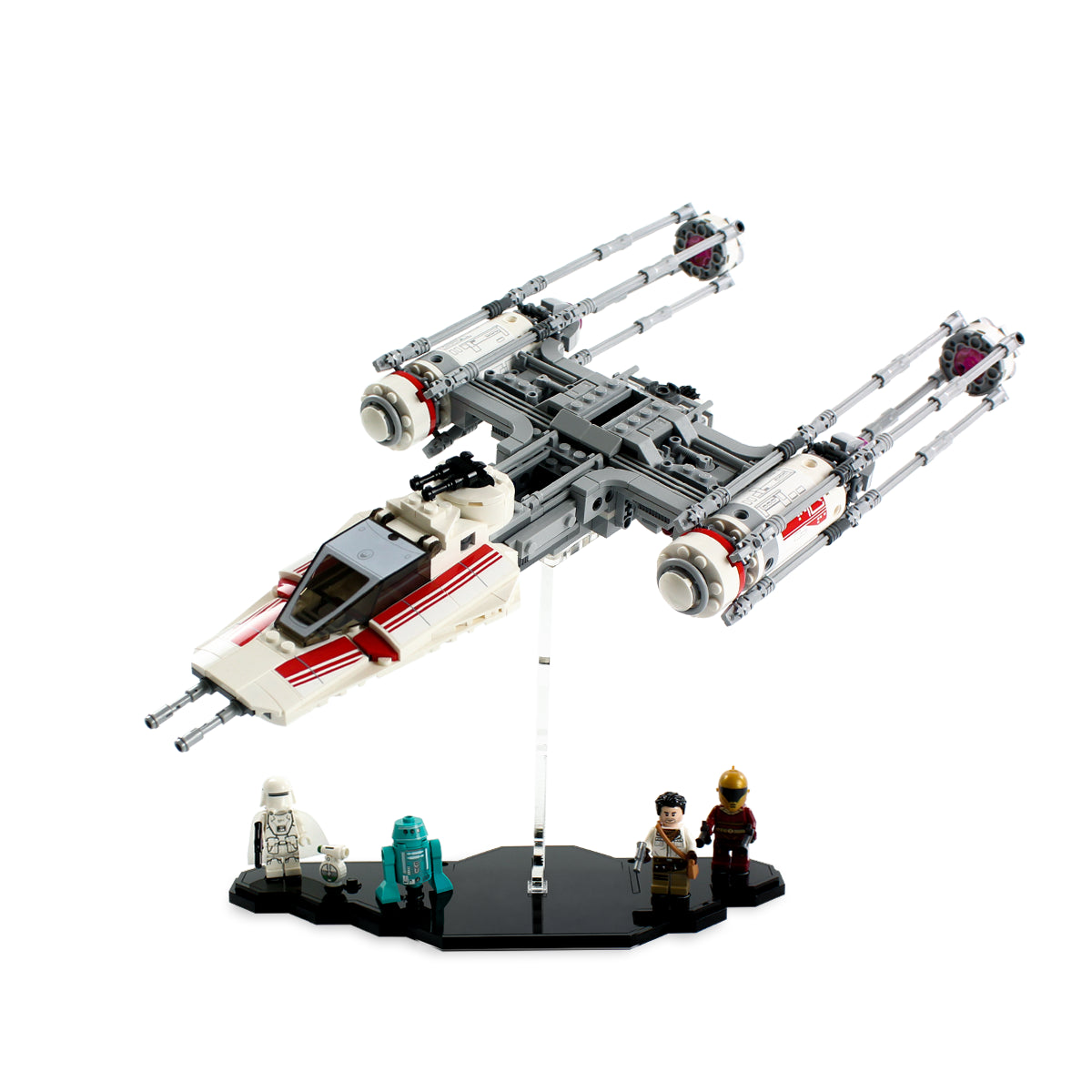 Side angle of LEGO Y-wing 75249 above its black minifigure base
