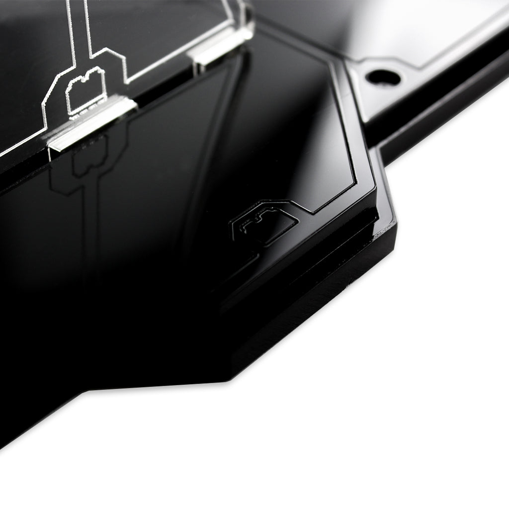 Close-up of the clear support joint and black base of the LEGO 75249 display stand